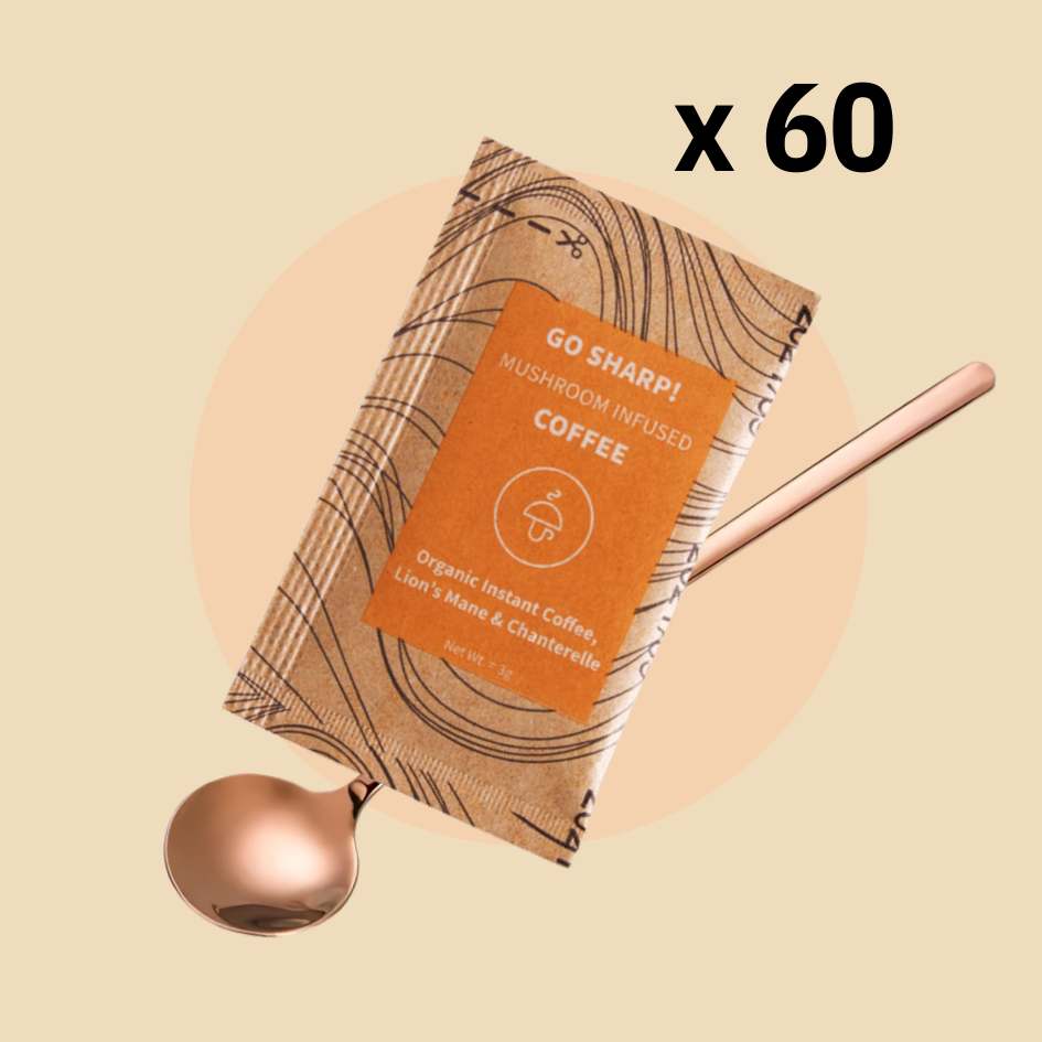 Go Sharp 60 Servings – organic instant coffee with Lion's Mane, Chanterelle + spoon